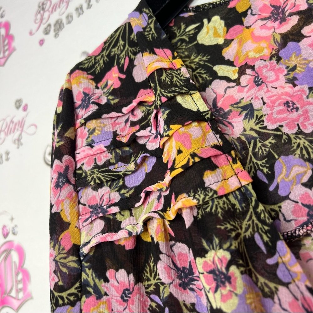 Free people blouse floral flowers rainbow 🌈 mixture neon bow tie ribbon 🎀 - Picture 9 of 14